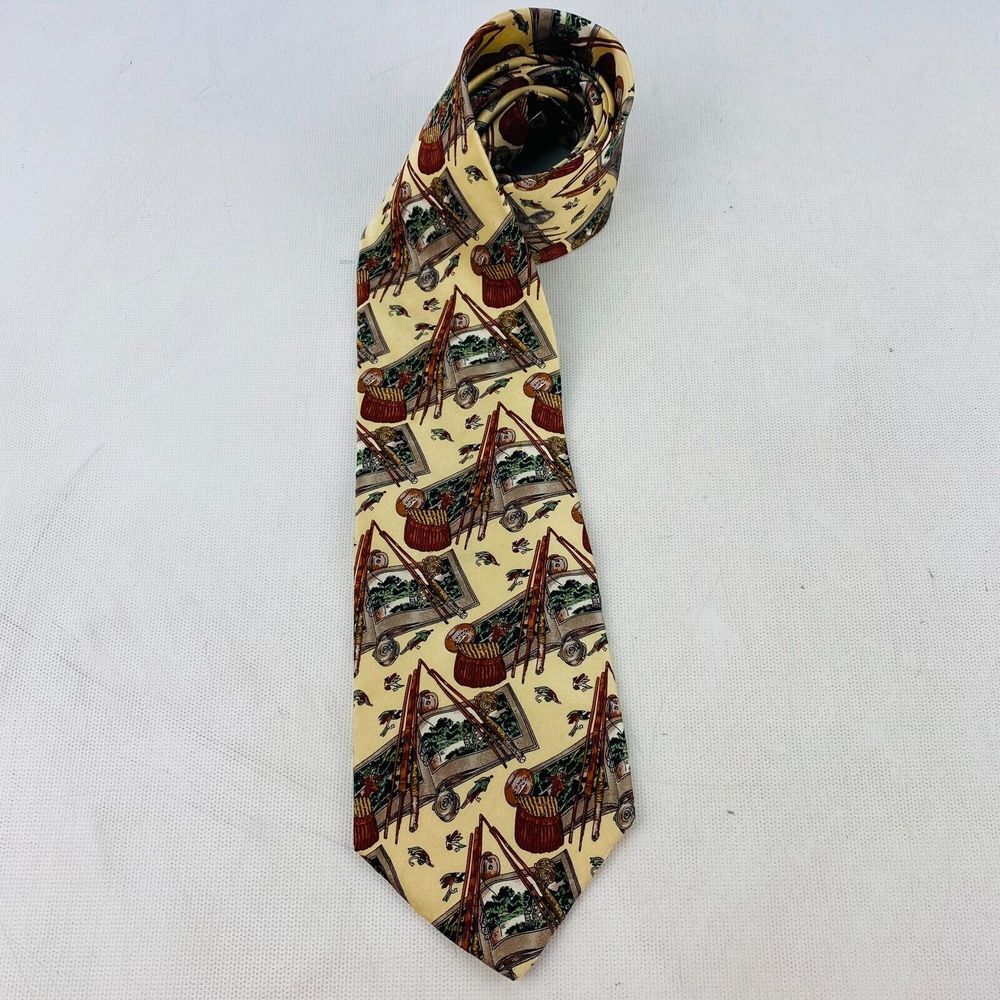 Museum Artifacts Fly Fishing Tie 100% Silk‎ Necktie Basket Rod Reel Lures